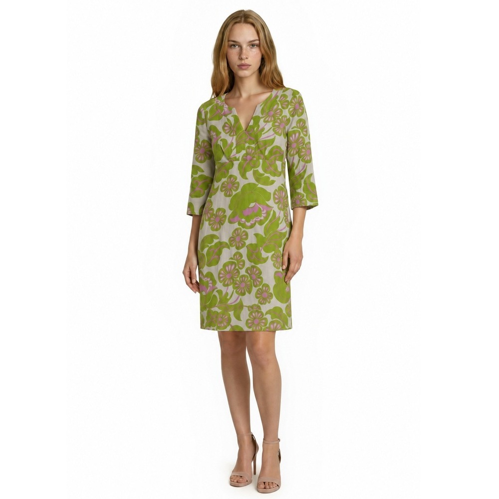 Boden 100% Linen Dress Women's Size 4 Green Pink Floral V-Neck 3/4 Sleeve Knee